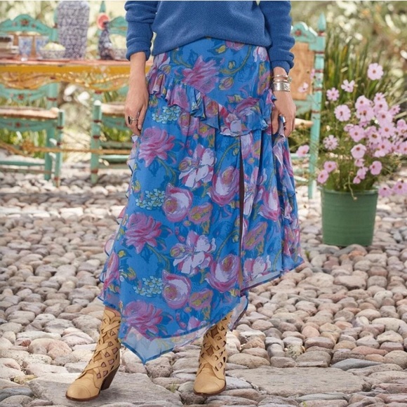 Sundance Dresses & Skirts - Sundance Blue Floral Asymmetrical Ruffle Midi Skirt Boho Western Cottagecore M